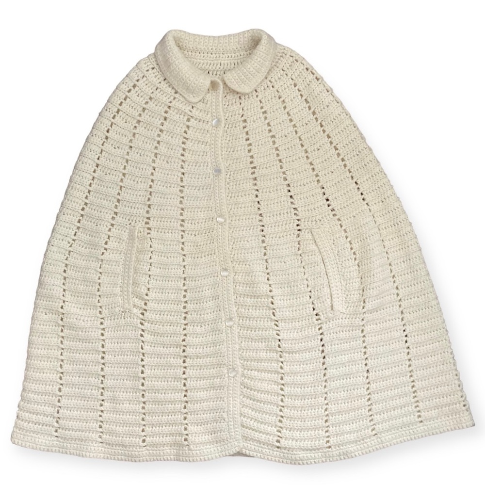 Vintage 1960s Hand-Knitted Button Down Sweater Cape Poncho Cream White - Picture 2 of 10